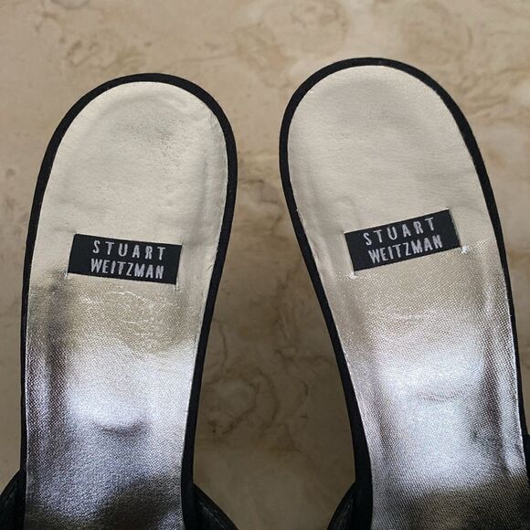 Stuart Weitzman Black Satin Heels Silver Rhinestone Moon & Star Mule Sandals - Picture 11 of 15